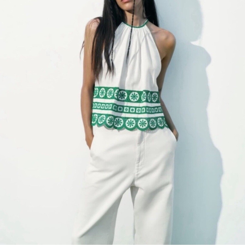 NWT Zara white and green embroidered halter top